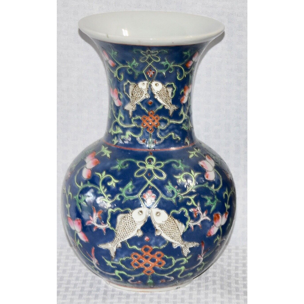 Japanese Enamelled Ceramic Hand Painted Peaches and Fish Trumpet Vase